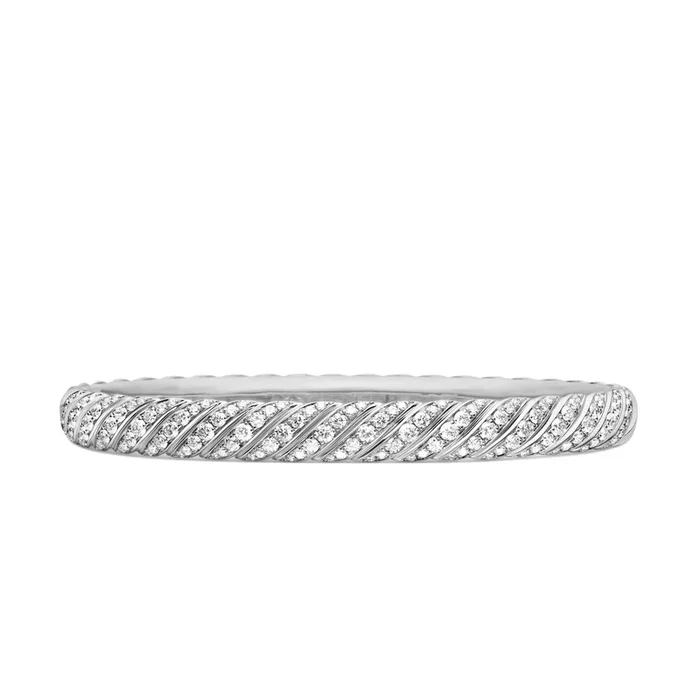 Sculpted Cable Bangle Bracelet in 18K White Gold with Diamonds, 6.2mm