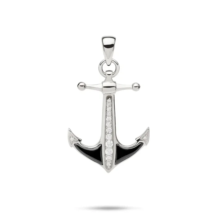 Sealife Anchor Black Coral Pendant in White Gold with Diamonds – 28mm