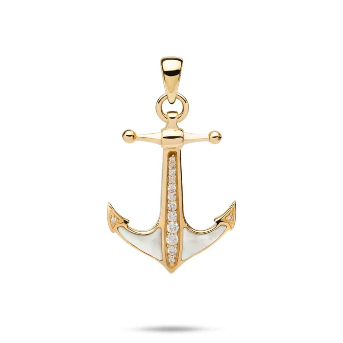 Sealife Anchor Mother of Pearl Pendant in Gold with Diamonds – 28mm