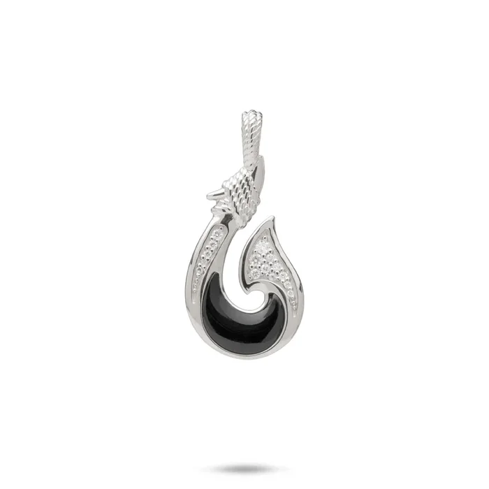 Sealife Fish Hook Black Coral Pendant in White Gold with Diamonds – 27mm