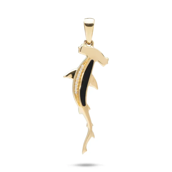 Sealife Hammerhead Shark Black Coral Pendant in Gold with Diamonds – 34mm