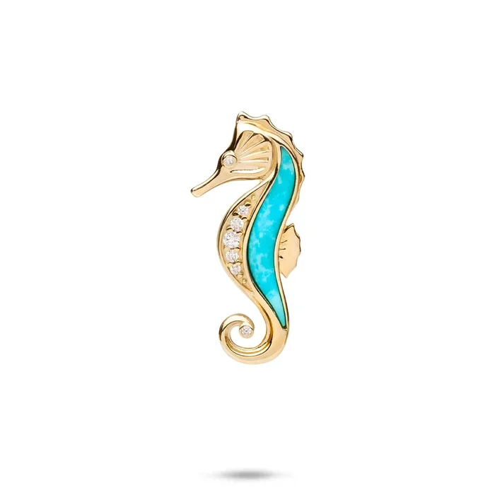 Sealife Seahorse Turquoise Pendant in Gold with Diamonds – 27mm