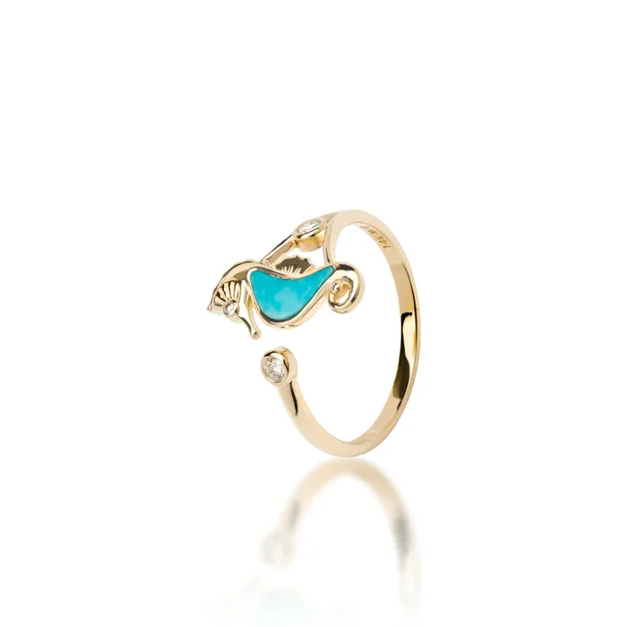 Sealife Seahorse Turquoise Ring in Gold with Diamonds – 15mm