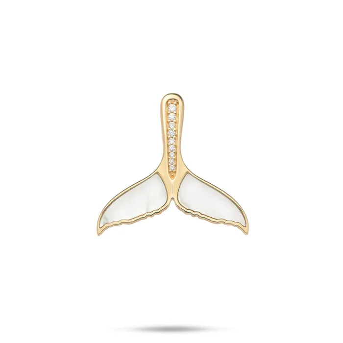 Sealife Whale Tail Mother of Pearl Pendant in Gold with Diamonds – 22mm