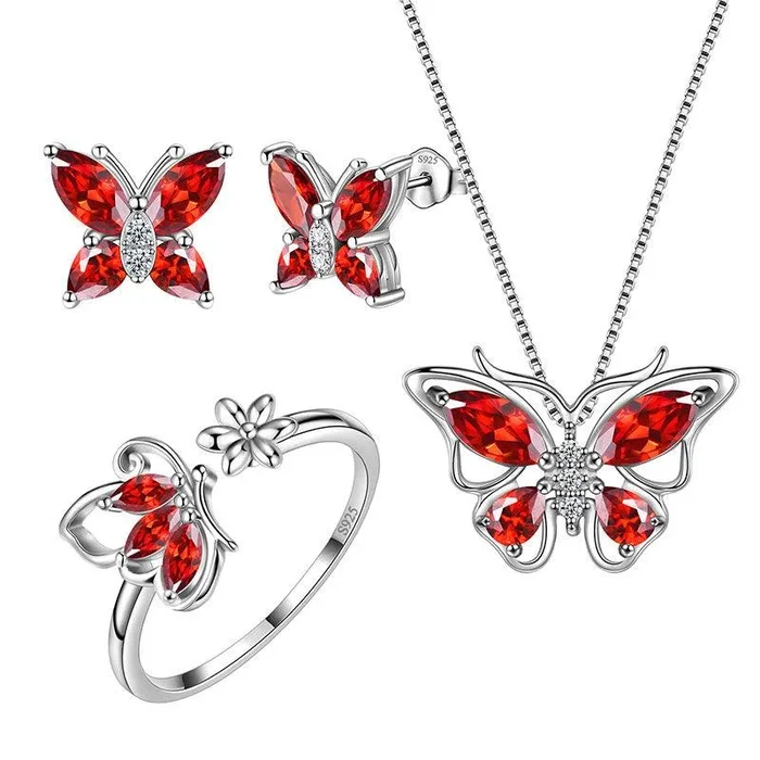 Set di gioielli in granato di gennaio con pietre portafortuna a forma di farfalla, 4 pezzi, regalo di compleanno per donne e ragazze