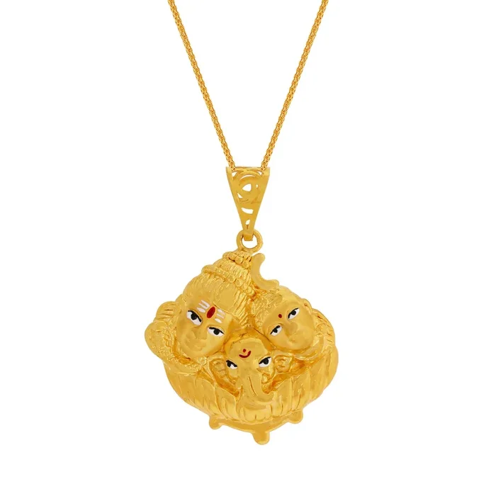 Shiva-Parvati-Ganesha Pendant with Minakari in 22K Gold