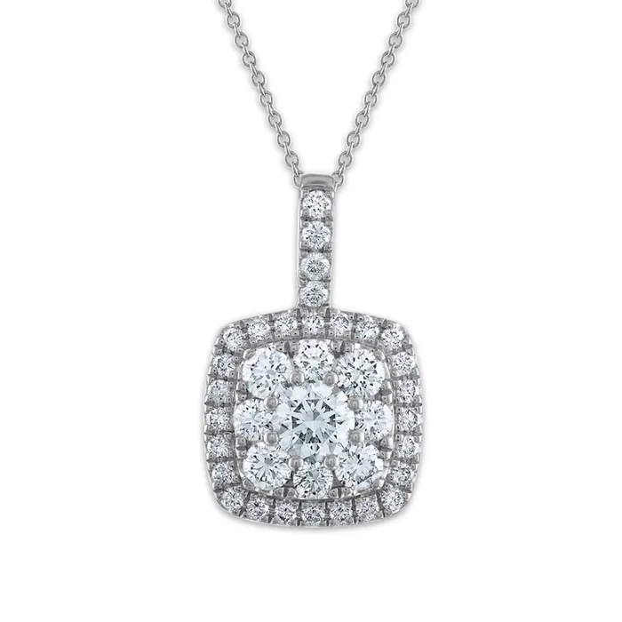 Signature EcoLove 1 CTW Lab Grown Diamond Halo Cluster Fashion Cushion Shaped 18-inch Pendant in 14KT White Gold