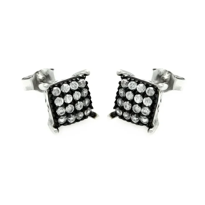 Silver 925 Black and Rhodium Plated Square CZ Post Earrings – STE00893
