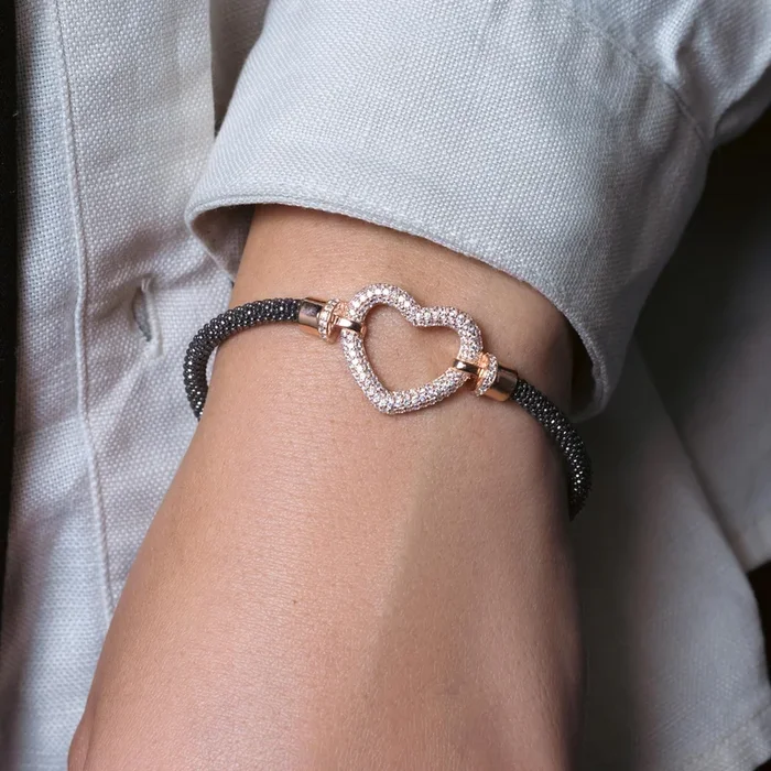 Silver 925 Black Rhodium and Rose Gold Plated Open Heart Bracelet – ITB00181BLK/RGP