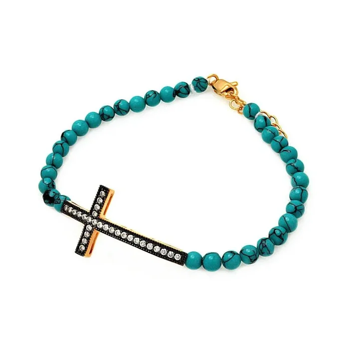 Silver 925 Gold and Black Rhodium Plated Sideways Cross CZ Turquoise Bead Bracelet – BGB00120