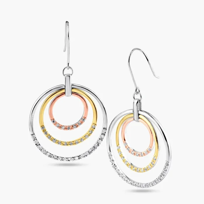 Silver 925 Gold and Silver Rhodium Plated Multiple Open Circle Clear CZ Dangling Hook Earrings – BGE00051