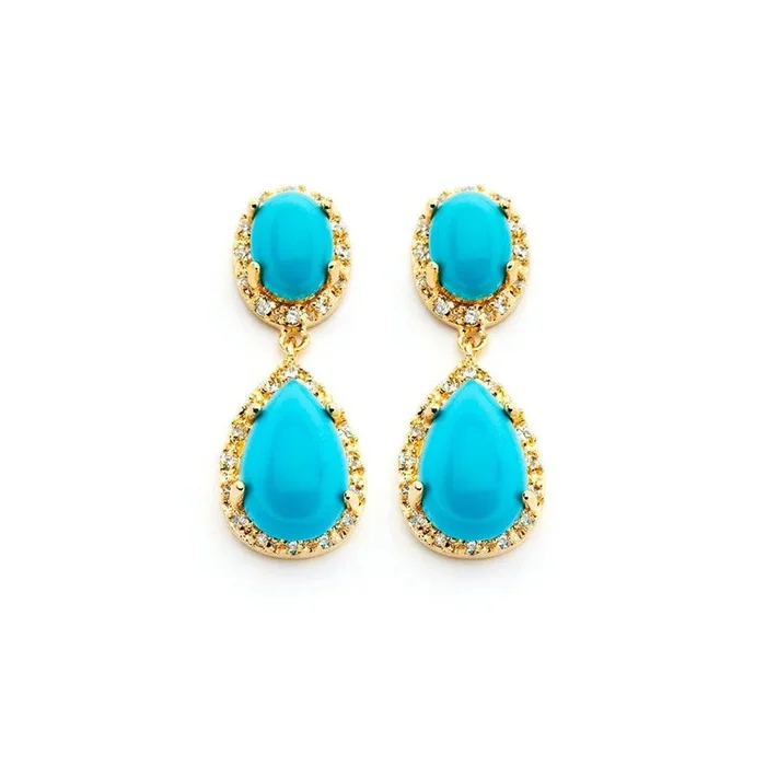 Silver 925 Gold Rhodium Plated Round CZ Turquoise Teardrop Round Dangling Earrings – BGE00351