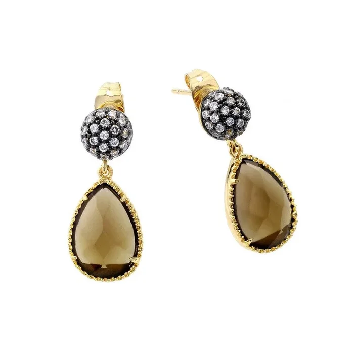 Silver 925 Gold Rhodium Plated Teardrop Champagne Round Cluster Clear CZ Dangling Hook Earrings – BGE00382