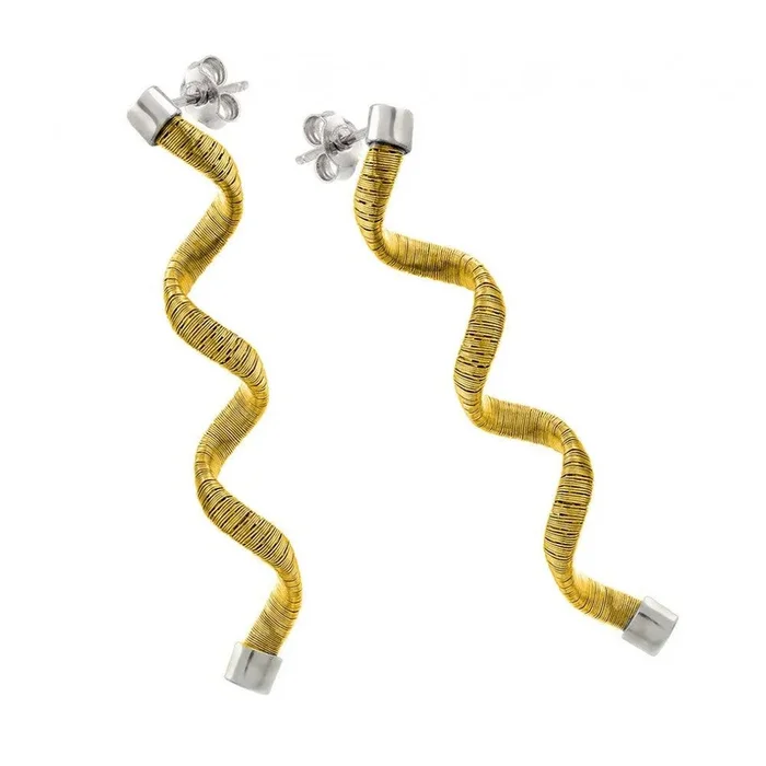Silver 925 Rhodium and Gold Plated Long Spiral Dangling Stud Earrings – ECE002GP
