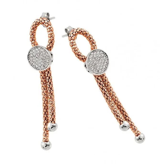 Silver 925 Rhodium and Rose Gold Plated Dangling Ribbon Center Circle CZ Inlay Dangling Stud Earrings – ECE010RGP