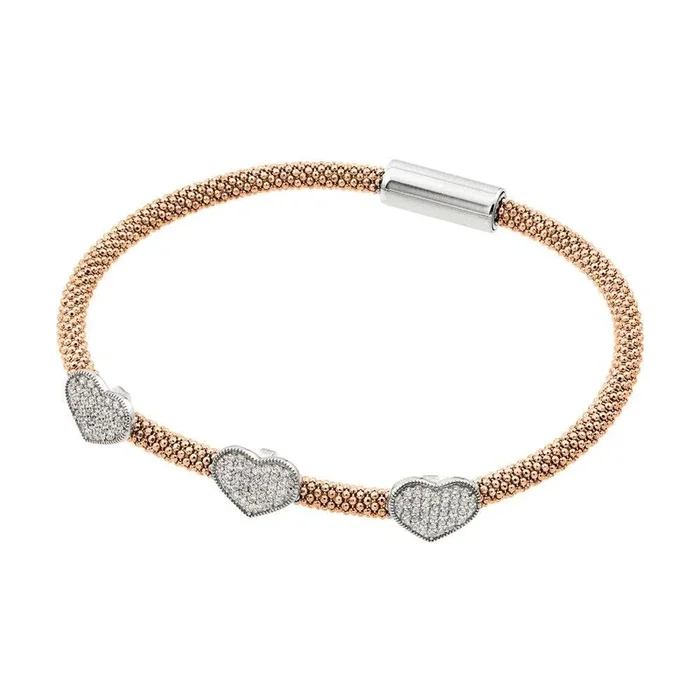 Silver 925 Rhodium and Rose Gold Plated Heart Micro Pave Clear CZ Beaded Italian Bracelet – ITB00173RGP