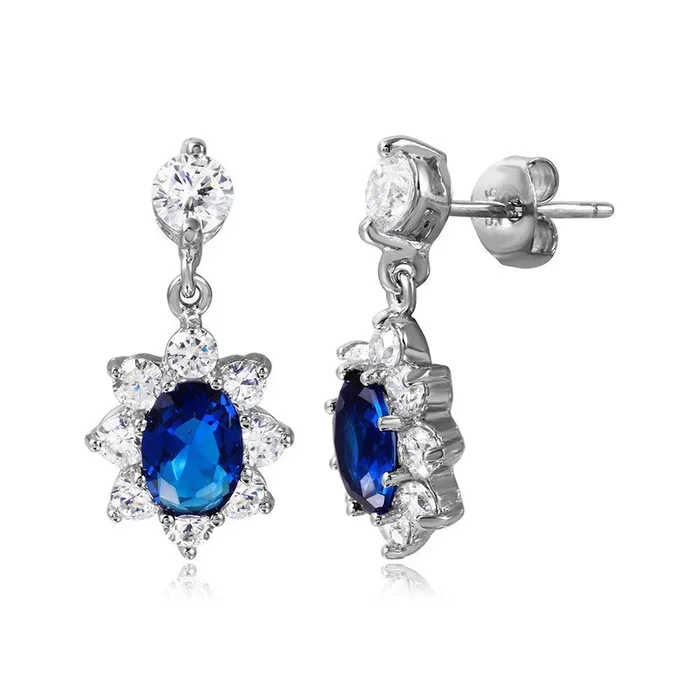 Silver 925 Rhodium Plated 2 Toned Clear And Blue CZ Hanging Earrings – BGE00472