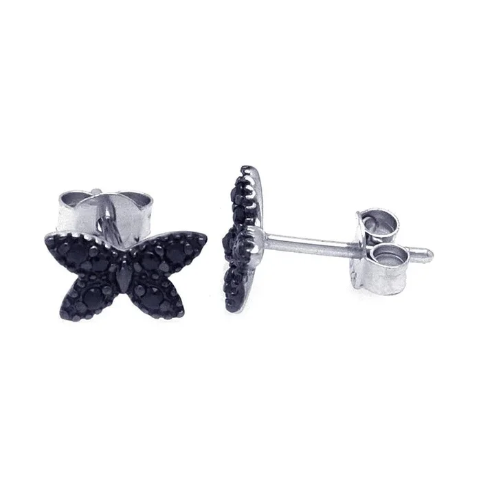 Silver 925 Rhodium Plated Black Butterfly CZ Post Earrings – STE00698