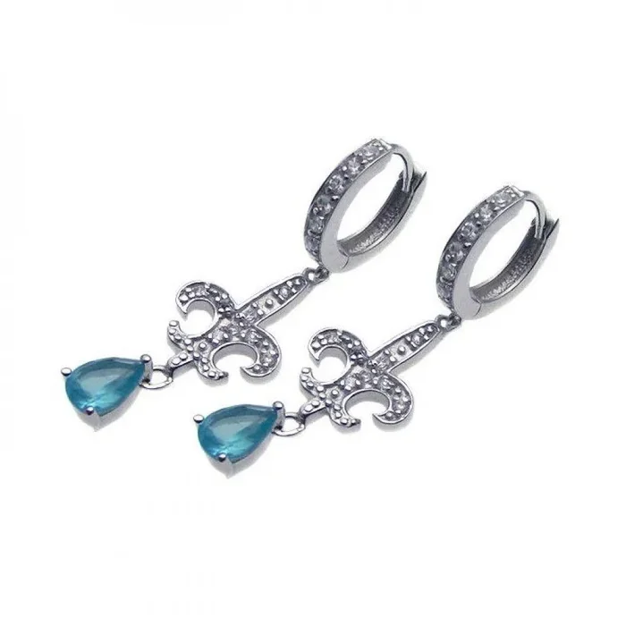 Silver 925 Rhodium Plated Blue Teardrop CZ Fleur De Lis Dangling huggie hoop Earrings – STE00654