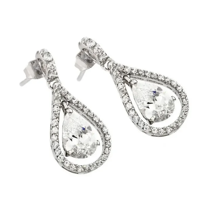 Silver 925 Rhodium Plated Channel Teardrop CZ Dangling Stud Earrings – BGE00366C