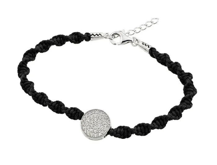 Silver 925 Rhodium Plated Circle CZ Black Twisted Braided Bracelet – BGB00184