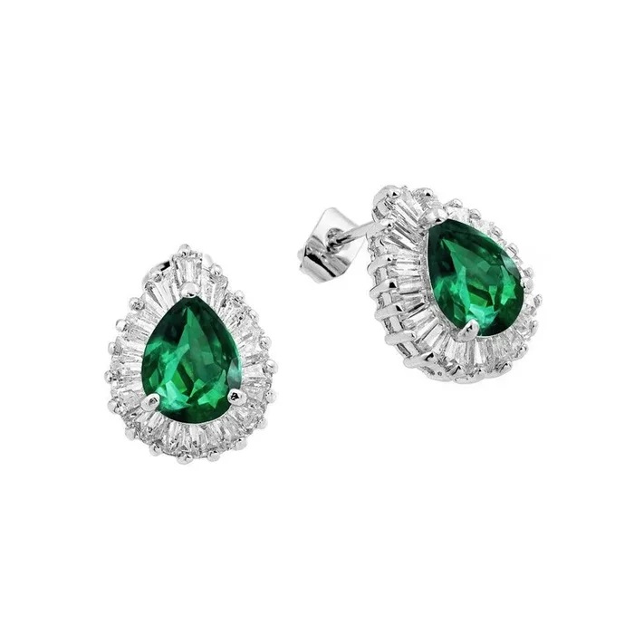 Silver 925 Rhodium Plated Clear and Green Teardrop Baguette CZ Stud Earrings – BGE00338