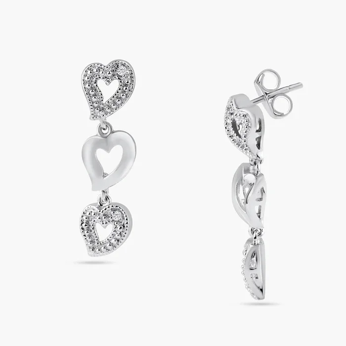Silver 925 Rhodium Plated Clear Multiple Open Heart CZ Stud Dangling Earrings – BGE00025