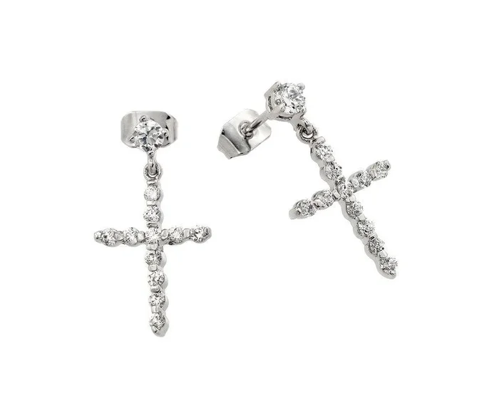 Silver 925 Rhodium Plated Cross CZ Dangling Earrings – BGE00290