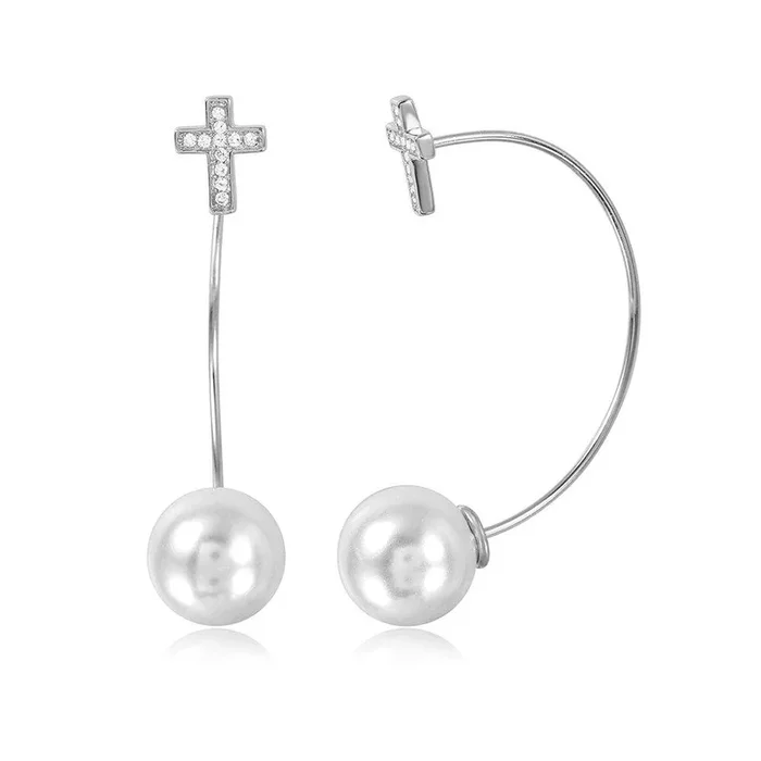Silver 925 Rhodium Plated Cross Earrings with Hanging Synthetic Pearl – STE01047