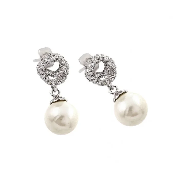 Silver 925 Rhodium Plated CZ Dangling Pearl Stud Earrings – BGE00244