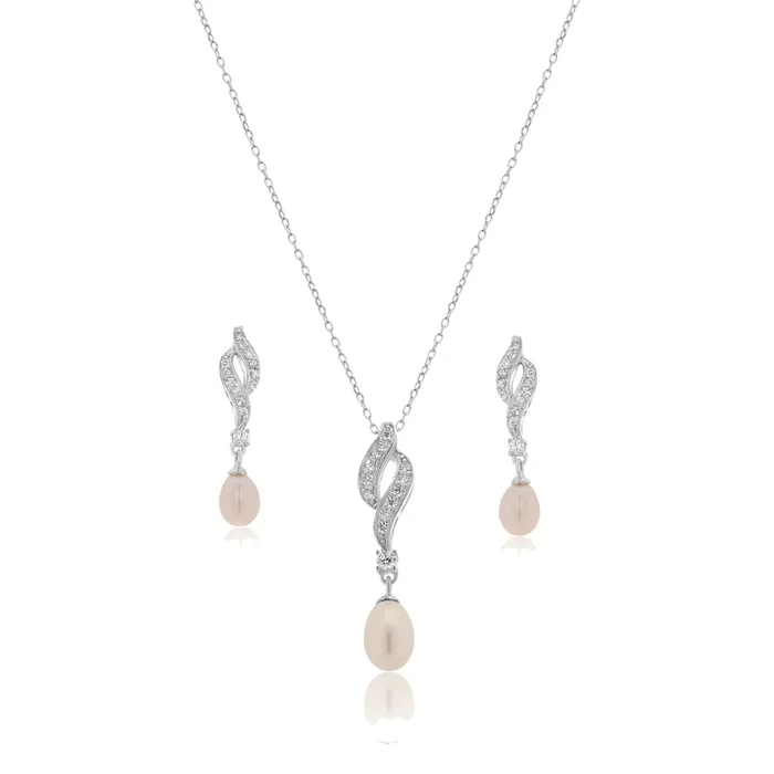 Silver 925 Rhodium Plated Fresh Water Pearl Twist Clear CZ Hanging Set – BGS00151