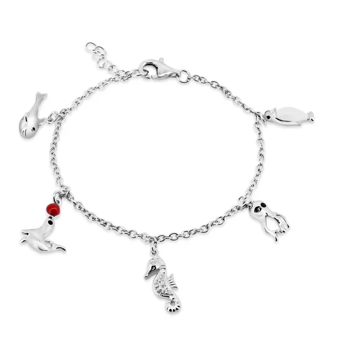 Silver 925 Rhodium Plated Multiple Dangling Objects Red and Clear CZ Bracelet – BGB00180
