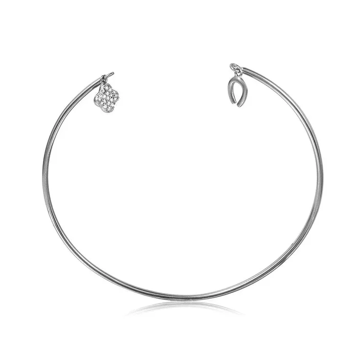 Silver 925 Rhodium Plated Open Bangle with Hanging CZ Clover and Horse Shoe – STB00526