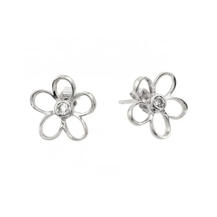 Silver 925 Rhodium Plated Open Flower Center CZ Stud Earrings – BGE00395