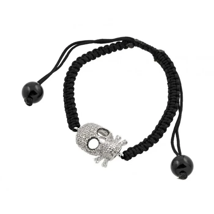 Silver 925 Rhodium Plated Open Skull CZ Black Braided Bracelet – BGB00181
