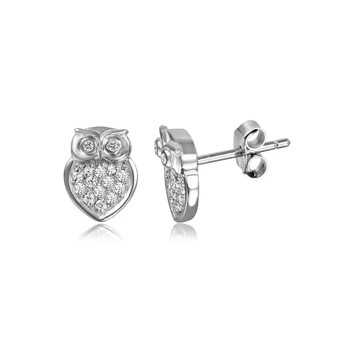 Silver 925 Rhodium Plated Owl Post CZ Earrings – STE01007