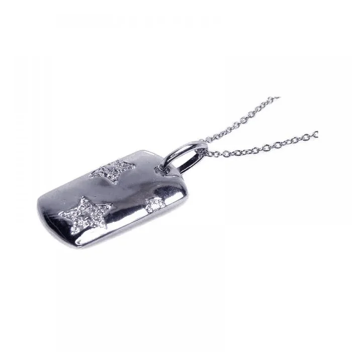Silver 925 Rhodium Plated Pave Set Clear CZ Star Dog Tag Pendant Necklace – STP00497
