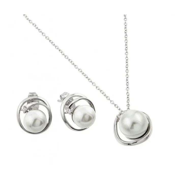 Silver 925 Rhodium Plated Pearl Winding Wrap Single Clear CZ Stud Earring and Necklace Set – BGS00447