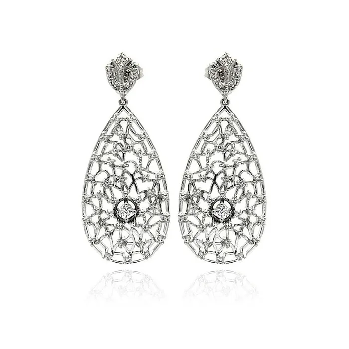 Silver 925 Rhodium Plated Teardrop CZ Dangling Stud Earrings – BGE00255
