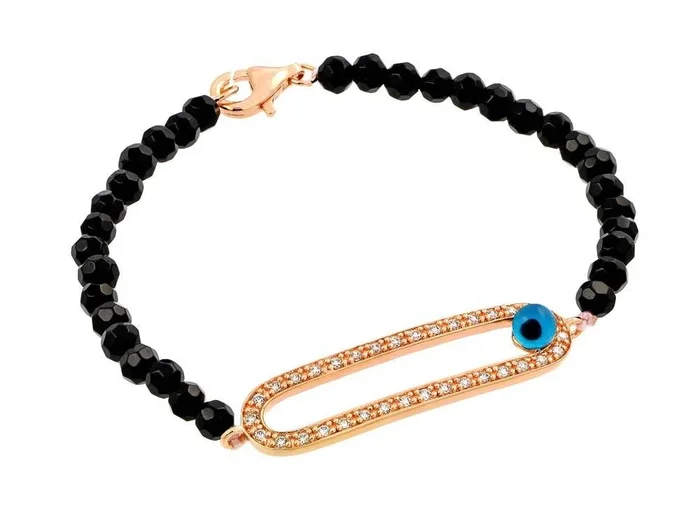 Silver 925 Rose Plated Evil Eye Open Oval CZ Black Beads Bracelet – BGB00170RGP