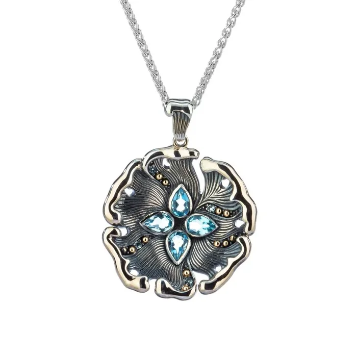 Silver and 10k Gold ‘Water’ Element Pendant -Blue Topaz