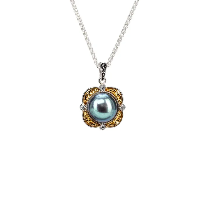 Silver and 10k Gold Aphrodite Framed Peacock Fresh Water Pearl Pendant