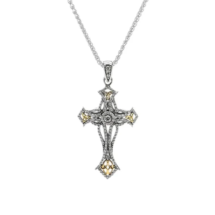 Silver and 10k Gold Celtic Cross Pendant – Cubic Zirconia