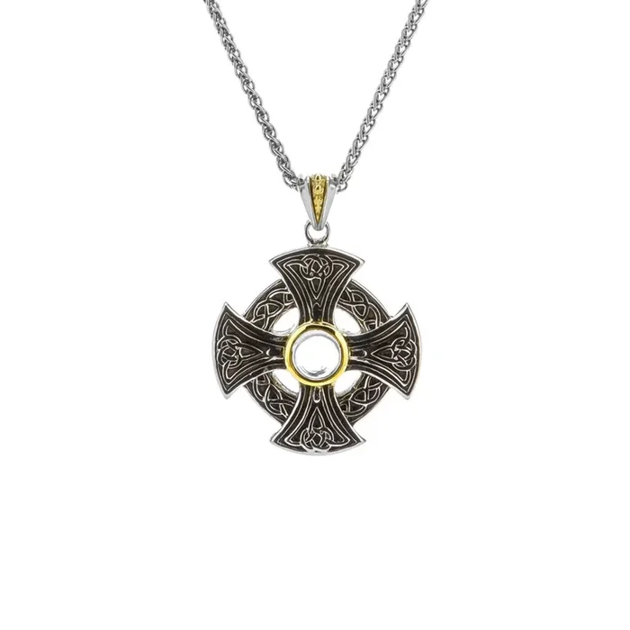 Silver and 10k Gold Celtic Wheel Cross Pendant-White Topaz