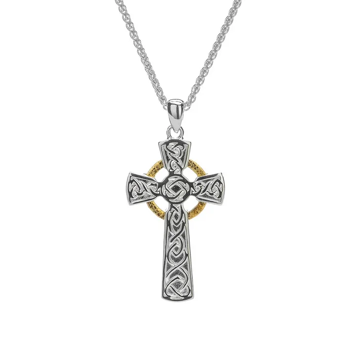 Silver and 10k Gold Circle Celtic Cross Pendant – Sterling/Darkened Sterling/Oxidized Sterling