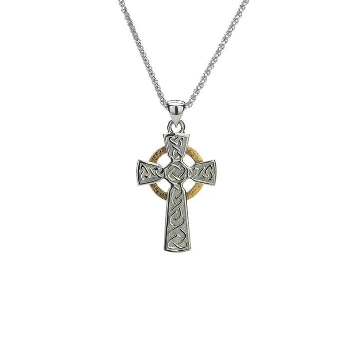 Silver and 10k Gold Circle Celtic Cross Pendant Small – Oxidized Sterling/Sterling/Darkened Sterling