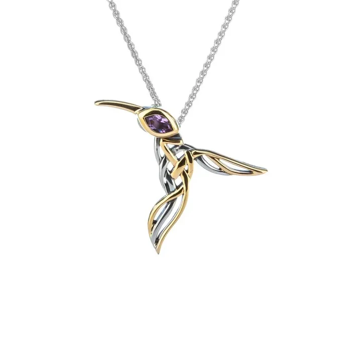 Silver and 10k Gold Hummingbird Pendant-Amethyst/Blue Topaz/White Cubic Zirconia/Peridot