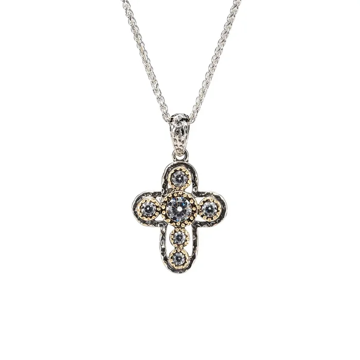 Silver and 10k Gold Textured Outline Celtic Cross Pendant -Cubic Zirconia