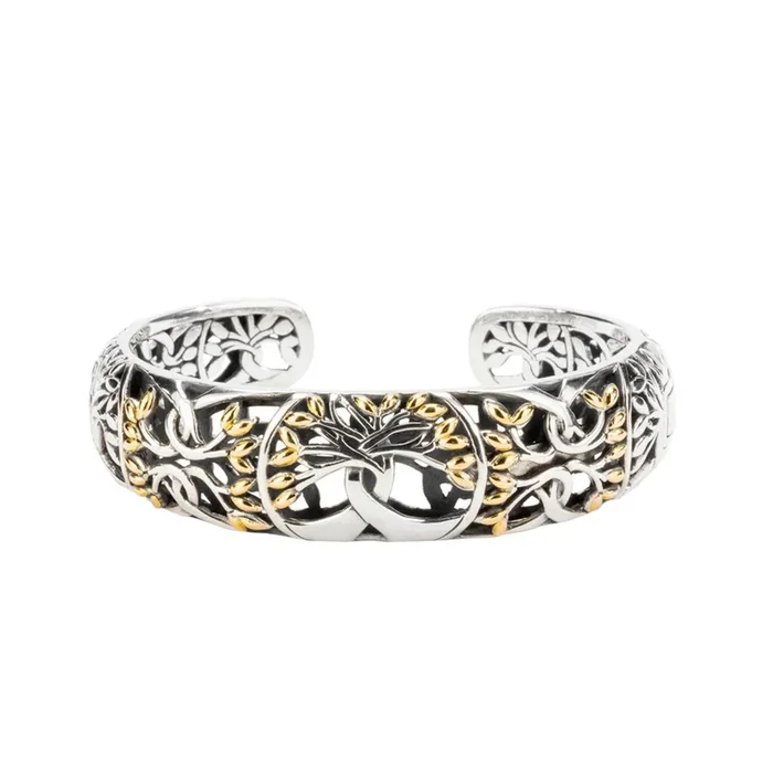 Silver and 18k Gold Tree of Life Hinged Bangle