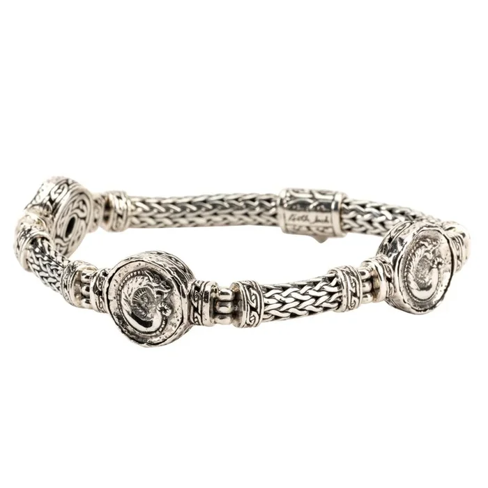 Silver or Silver and Bronze Dragon Coin Woven Bracelet –